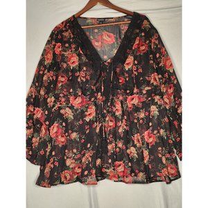 Torrid Black Floral Shimmer Chiffon Long Bell Sleeve Babydoll Plus Size Large 2x